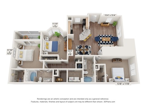 Floor plan for 3 beds, 2 baths, 1486 sqft